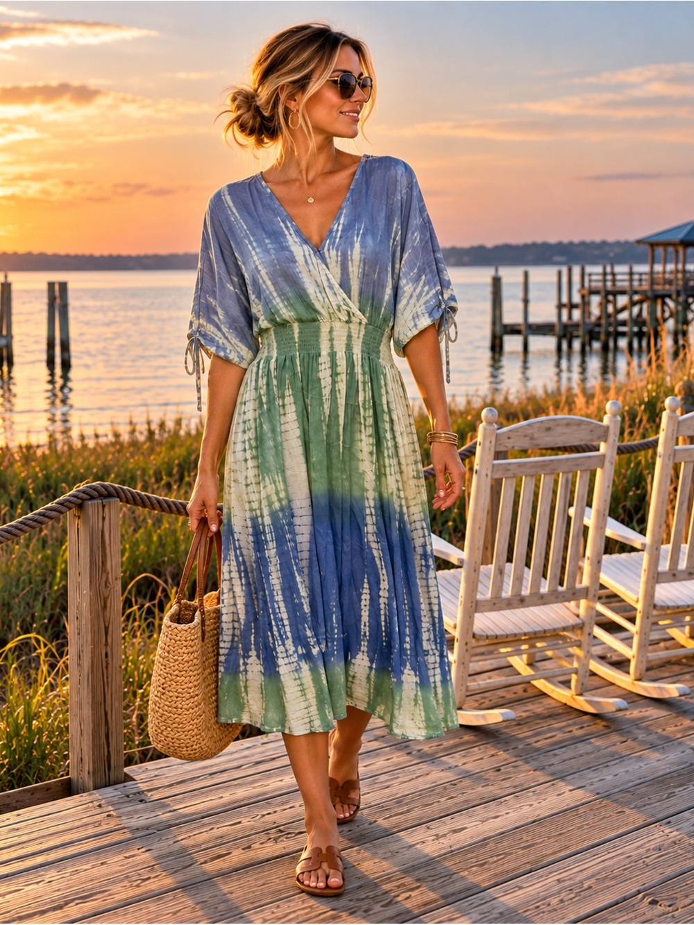 Simply Southern Tie Dye Midi Dress Blue Green Surplice Smocked Waist Small NWT